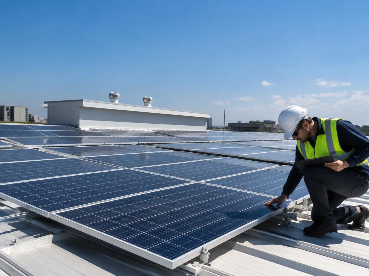 Técnico inspecionando painéis solares instalados em telhado